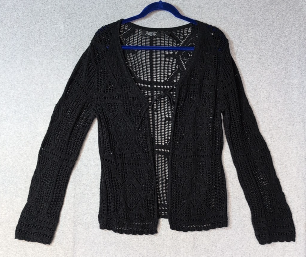 Crystal Kobe Cardigan Womens Large Open Front Tie Knit Crochet Whimsigoth Black