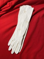 White Hand-Beaded/Embroidered Formal Long Gloves Small Size Made in Philippines