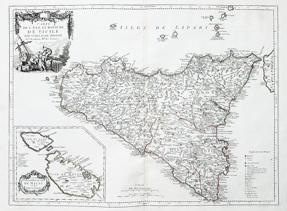 Sicilia Sizilien Sicily Malta Insel island Italia Goza map Karte Delisle 1776 - Bild 1 von 1