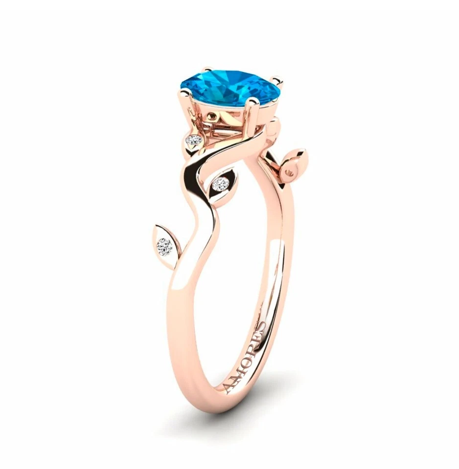 Oval Cut Blue Topaz Ring 10k Yellow Gold Plated Leaf Solitaire Engagemen ring - Image 4 of 4
