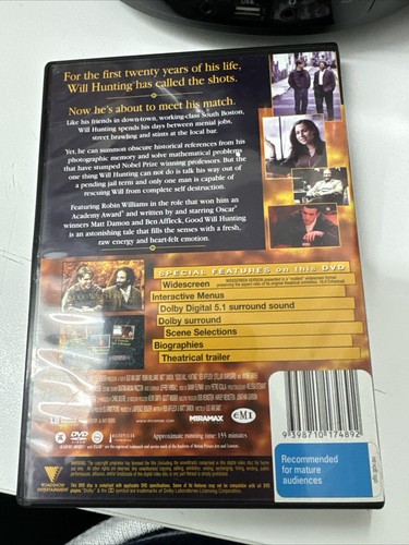 Dvd Good Will Hunting Robin Williams Matt Damon DVD M Region 4 Deluxe Widescreen - Picture 4 of 4