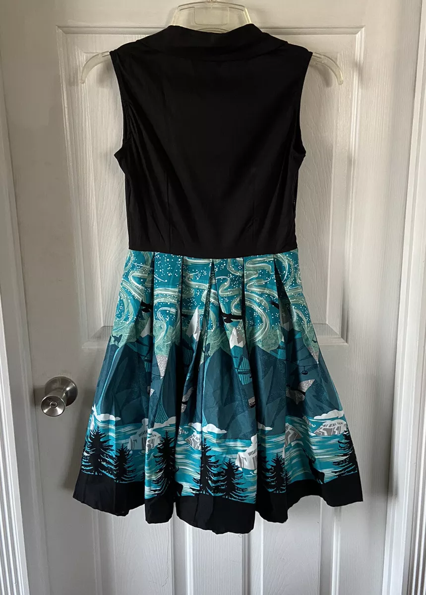 Sucrefas Fit Flare Dress Black Landscape Print Size Small NWT