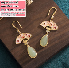 Jade Drop Dangle Earrings Boho Ethnic Fan Ear Hook 18K Gold Plated Gemstone
