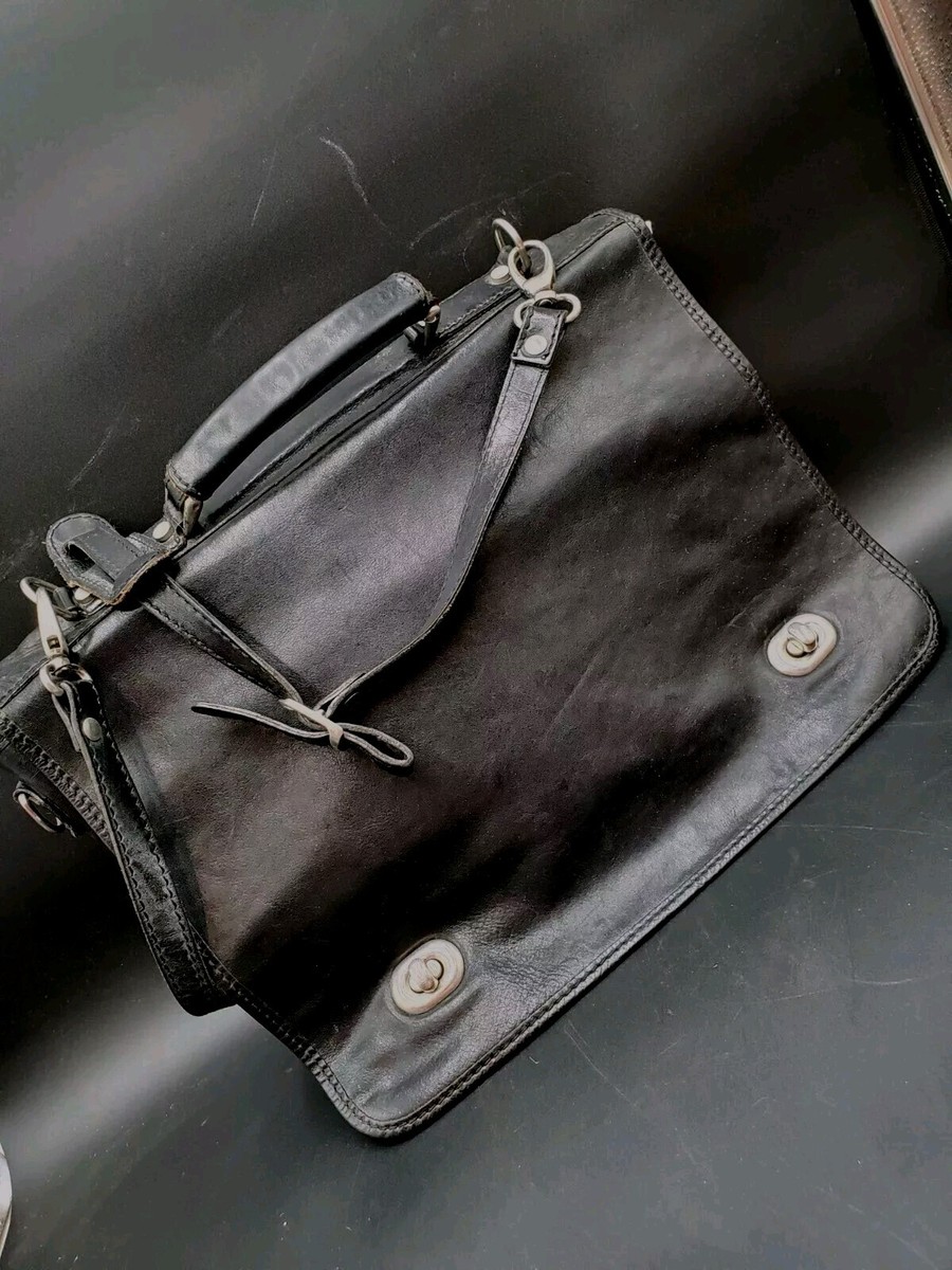 Vintage Italian Made Black Leather Handles Cross Body Briefcase