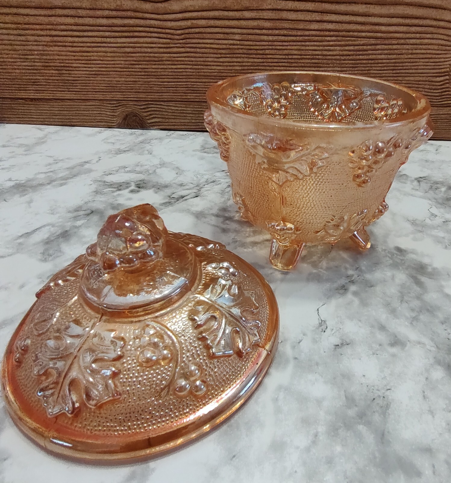 Jeannette Candy Dish With Lid Grape Vine Orange Marigold Stippled 1950s - 60s