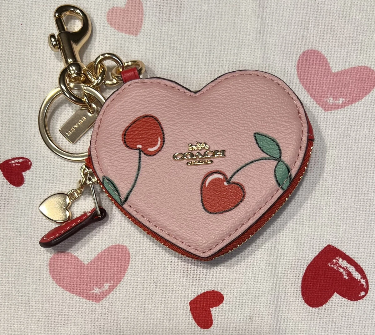 Genuine Coach Cherry Heart Coin Pouch Handbag Key Fob Coach Gold Heart Charm