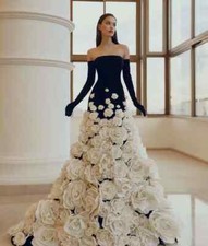 Sexy Black Satin Wedding Dresses 3D Flower Strapless Long Sleeves Bridal Gowns