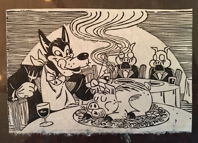 Big Bad Wolf Linoleum Cut Print, Art, Three Little Pigs, Cartoon, Printmaking 