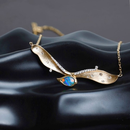 Extremely Rare Two Side Black Opal Seagull Wing Necklace & Diamond 18K Gold - Picture 4 of 10