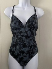 Athleta Shadow Dye Strappy Back One Piece Swimsuit Black/Gray Toe Dye Sz S READ