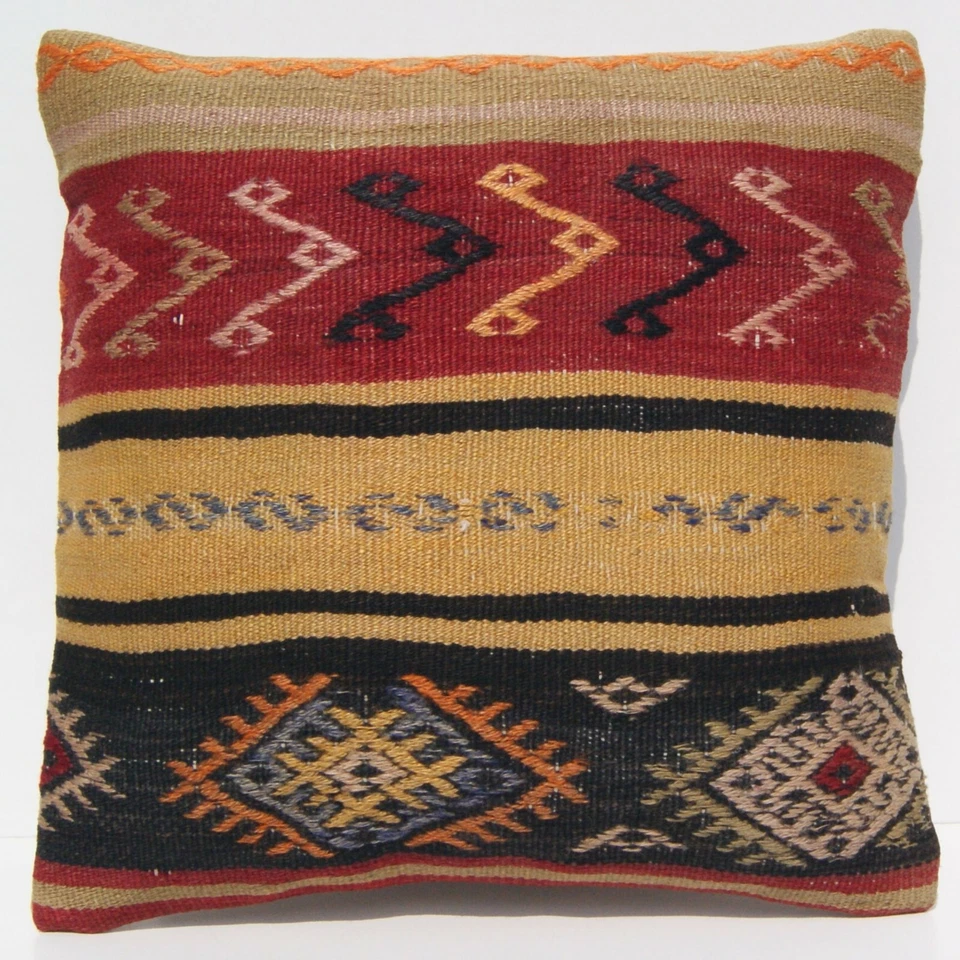 Auténticas fundas de almohada Kilim tejidas a mano cojines cuadrados de lana de 16""x16"" (juego de 2) Foto 2 de 4