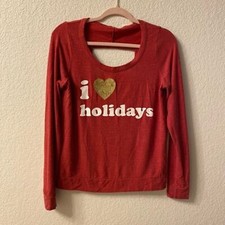 Chaser, red holiday sweatshirt, cut out back, made in USA