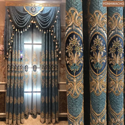 luxury chenille embroidery villa  blue cloth blackout curtain valance drape C813