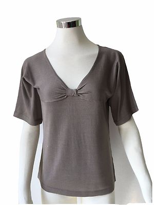 Feinstrick Pullover Seide Baumwolle V Pulli taupe Kurzarm 40 42