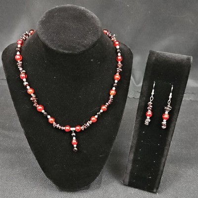 Handcrafted Glass & Red Garnet Jewelry Set Necklace Earrings Women