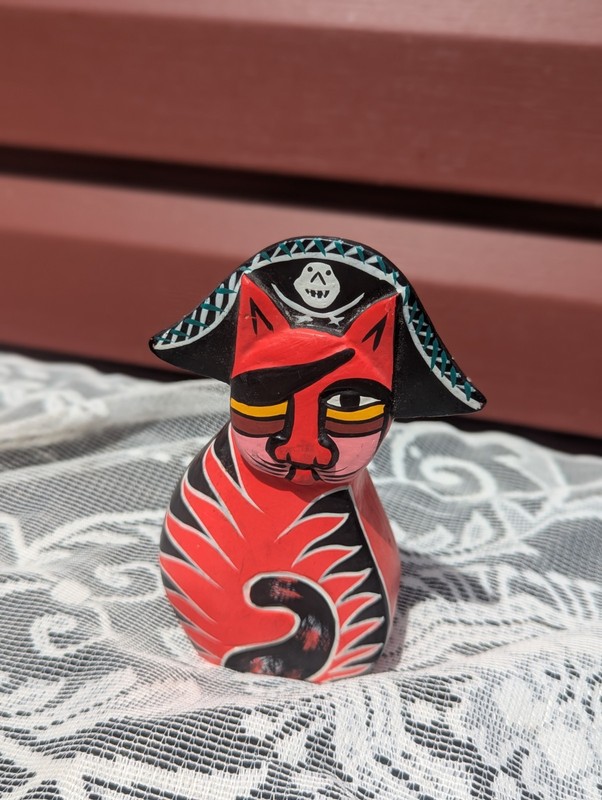 Vintage Wood Folk Art Pirate  Kitty Cat Figure Black & Red  