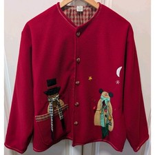 VTG Red Button Front Fleece Holiday Cardigan Sweater Snowmen Applique Woman L/XL