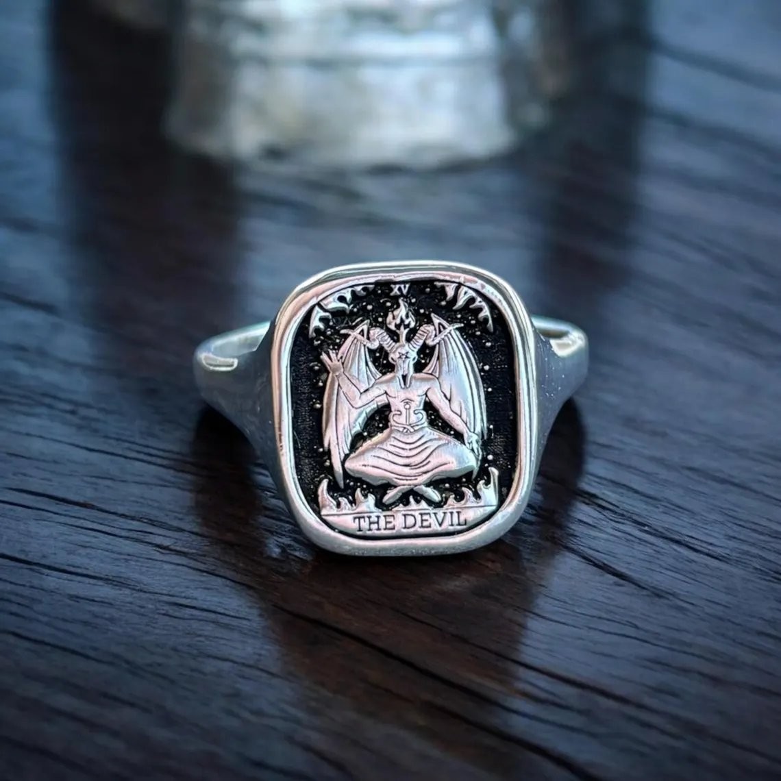Anillo de sello de tarjeta de tarot de Satanás del Diablo Plata de Ley 925 con símbolos de tarot