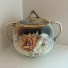 Germany Hand Painted Sugar Bowl w/ Lid Coral Cream Colored Roses