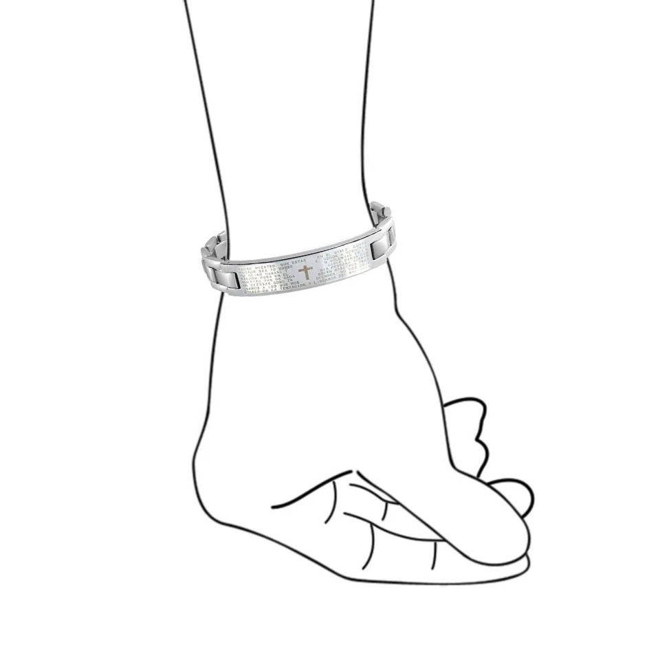 Pulsera de identificación de muñeca Our Lords Prayer con eslabones cruzados tono plata acero inoxidable Foto 3 de 4