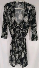 Studio Donatella Jersey Slip Dress Nightgown & Wrap Robe B/W Floral 2 Pc Set S/M