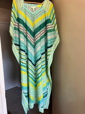 Halston Caftan Dress XS/S Aqua Green Yellow Striped Cover Up Tunic Resort Wear