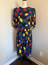 VTG Adrianna Papell 100% Silk Dress Bright Floral Print Puff Sleeve Belted Sz 12