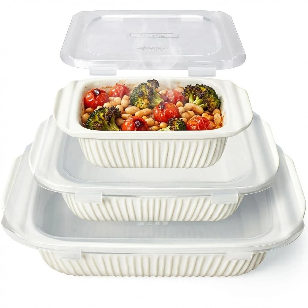 Ceramic Baking Dish Set 3 Piece Casserole Lasagna Pan White Lids Artena Dishes