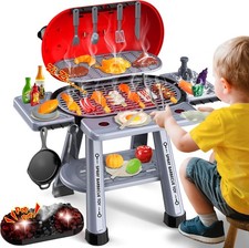 Kids Play Kitchen Toys Set: 68-Piece Pretend Grill BBQ Toy with Real Smoke, Sizz