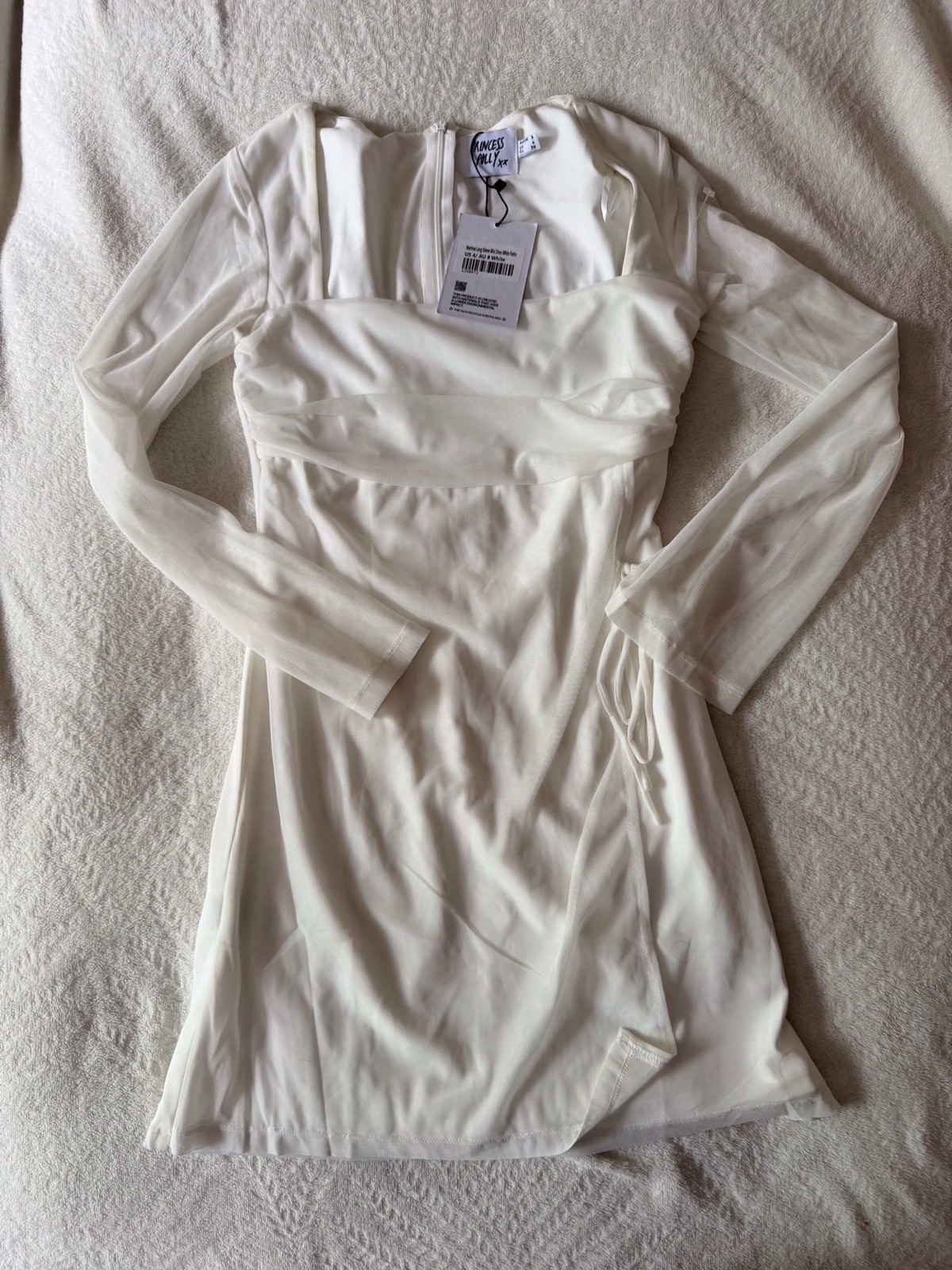 Princess Polly White Mesh overlay Long Sleeve Zip  Bodycon Mini Dress US 4