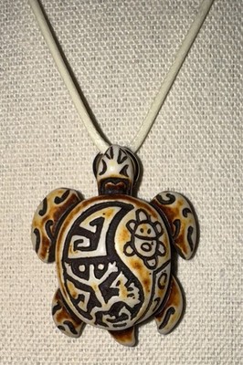 Tribal Symbol Brown & Cream Sea Turtle Pendant Ivory Leather Cord Necklace 16 