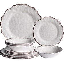 White Melamine Farmhouse Style 12 Piece Dinne...