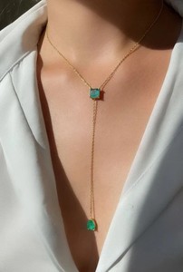 Authentic 4.00Ct Princess Lab Created Green Emerald Lariat Necklace 14K Yellow Gold Plated