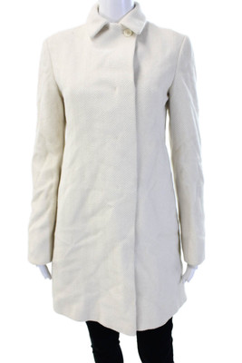 Jil Sander Women Beige Herringbone Cotton Overcoat Collared Button Size M
