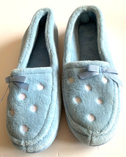Ladies Slippers Blue Velour Light Blue Moccasin Size S/M (4-5) Warm Comfy NEW