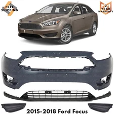Front Bumper Cover Fascia & Fog Light Cover Trim Kit For 2015-2018 Ford Focus