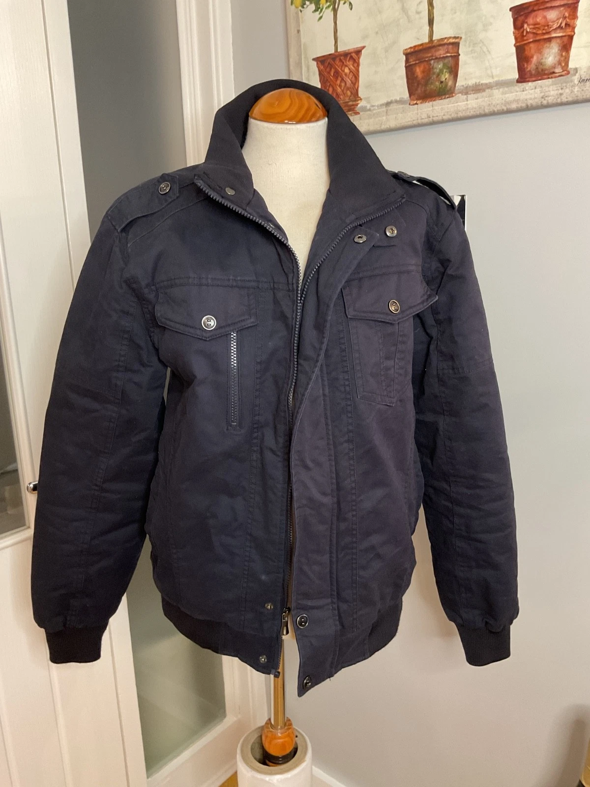 Navy Blue Size 42 Chest Cargo Fur Lined Padded Cotton Bomber Jacket