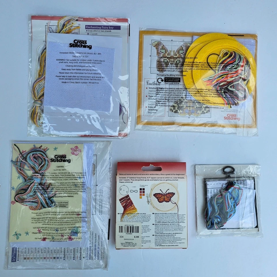 Lot of 5 CROSS STITCH KITs Fairy Butterfly Tea Cards Flower GIFT Bundle New DIY - Image 2 of 4