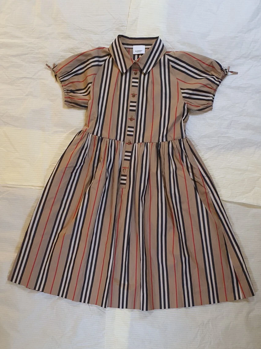 Abito in cotone BURBERRY Josephine stampa a righe 10 anni. Nuovo con etichette. Crp £260