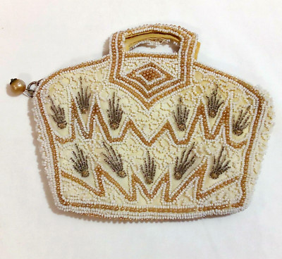 Vintage Ivory Amber Gray Beaded Lined Evening Wedding Purse Bag Childs