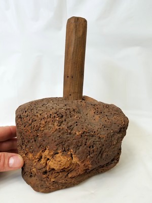 Large Primitive Antique Burl Wood Mallet with Bug Art Hole Decoration