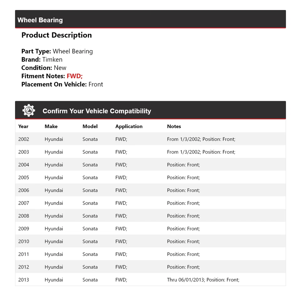 Cojinete de rueda delantero Timken 2003 2004 2005 2006 para Hyundai Sonata 2002-2013 tracción delantera Foto 2 de 4