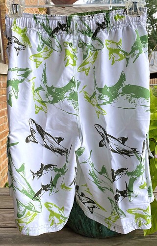 Boys Swim Shorts/Trunks Sz 10/12 White Shark Print Mesh Liner Ocean Pacific NWT - Picture 2 of 2