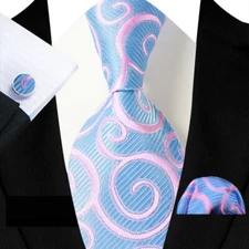 Classic Floral Blue Pink Jacquard Silk Men's Tie Necktie Hanky Cufflink Set