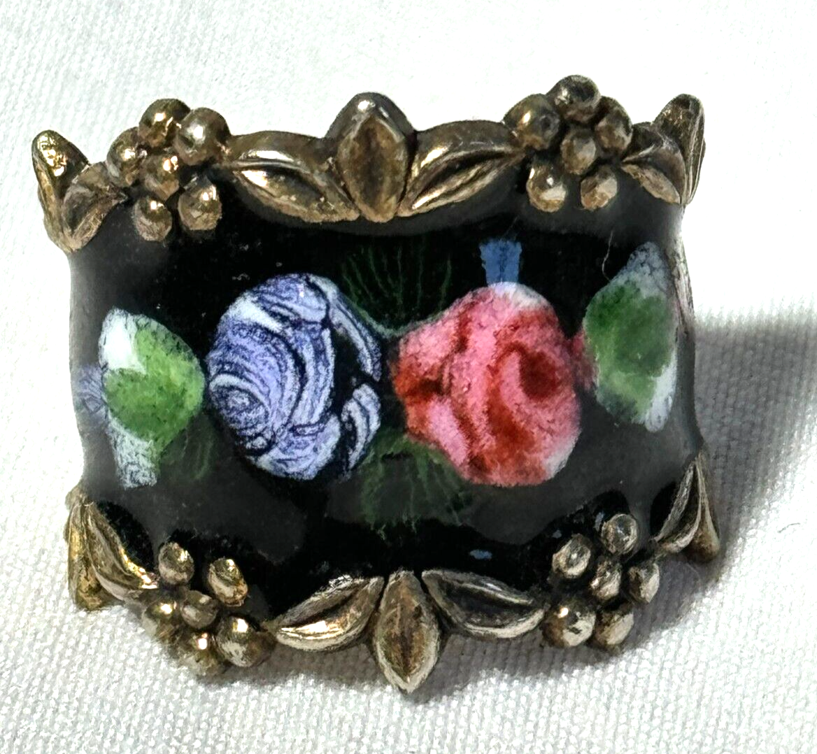VINTAGE STERLING WIDE FLOWER ROSE ENAMEL CIGAR BAND RING SIZE 6
