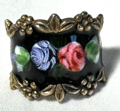 VINTAGE STERLING WIDE FLOWER ROSE ENAMEL CIGAR BAND RING SIZE 6
