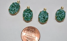 VINTAGE 4 CHINESE JADE RELIEF GLASS OVAL PENDANTS in BRASS • 10x14mm FLORAL