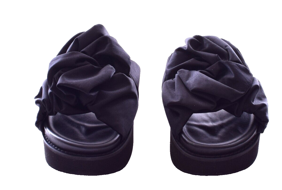 GANNI Ruched Black Satin Platform Slide Mules Size 38 US 7.5 Excl