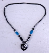 Necklace Hematite Heart "The Worry Stone  w/ Blue Stones Valentines Day Healing