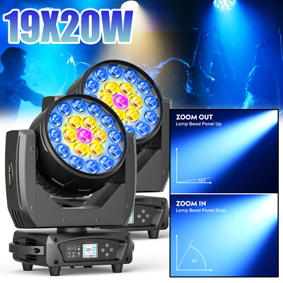 2Pcs 19x20W LED RGBW Beam Wash Zoom Moving Head Light Stage Show Disco Bar DMX